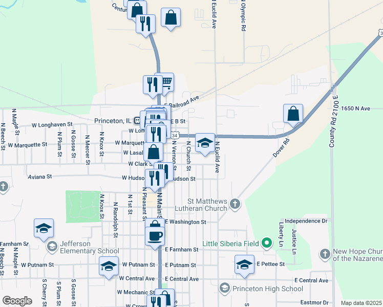 map of restaurants, bars, coffee shops, grocery stores, and more near 220 East Lasalle Street in Princeton