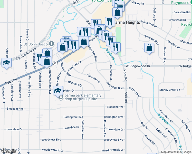 map of restaurants, bars, coffee shops, grocery stores, and more near 6671 Crenshaw Drive in Parma Heights