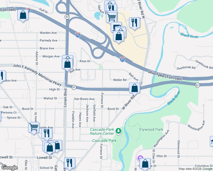 map of restaurants, bars, coffee shops, grocery stores, and more near 241 Belmont Avenue in Elyria