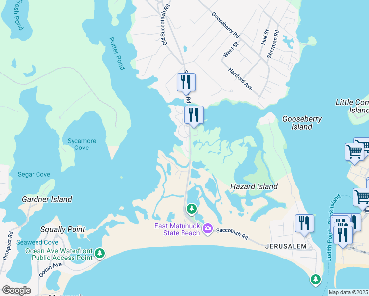 map of restaurants, bars, coffee shops, grocery stores, and more near 725B Succotash Road in South Kingstown