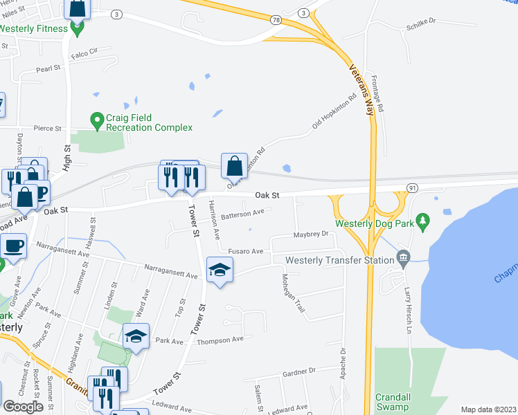 map of restaurants, bars, coffee shops, grocery stores, and more near 115 Oak Street in Westerly