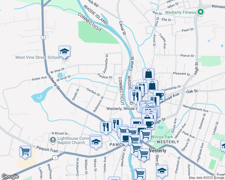 map of restaurants, bars, coffee shops, grocery stores, and more near 13 Brinden Avenue in Stonington