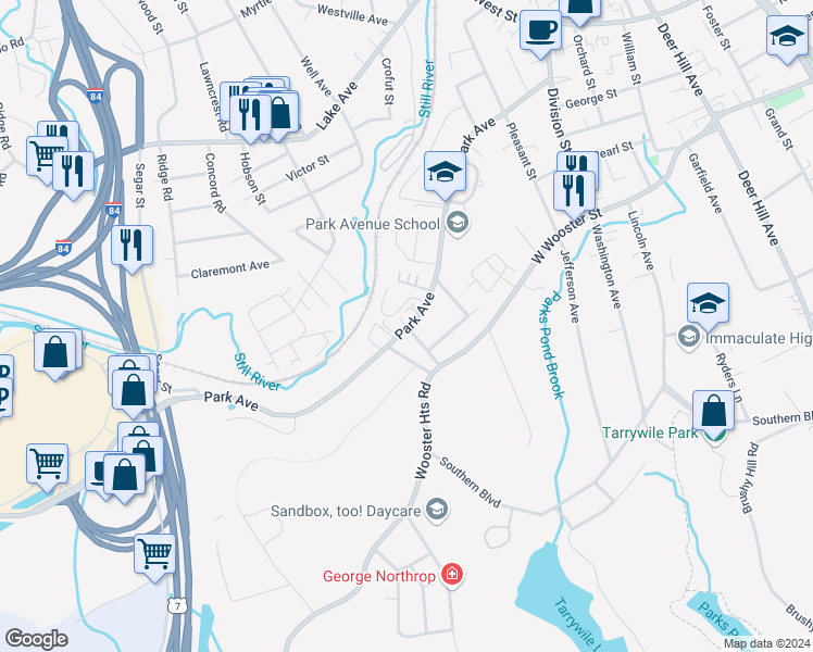 map of restaurants, bars, coffee shops, grocery stores, and more near 104 Park Avenue in Danbury