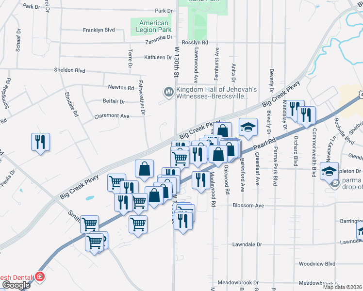 map of restaurants, bars, coffee shops, grocery stores, and more near in Parma Heights