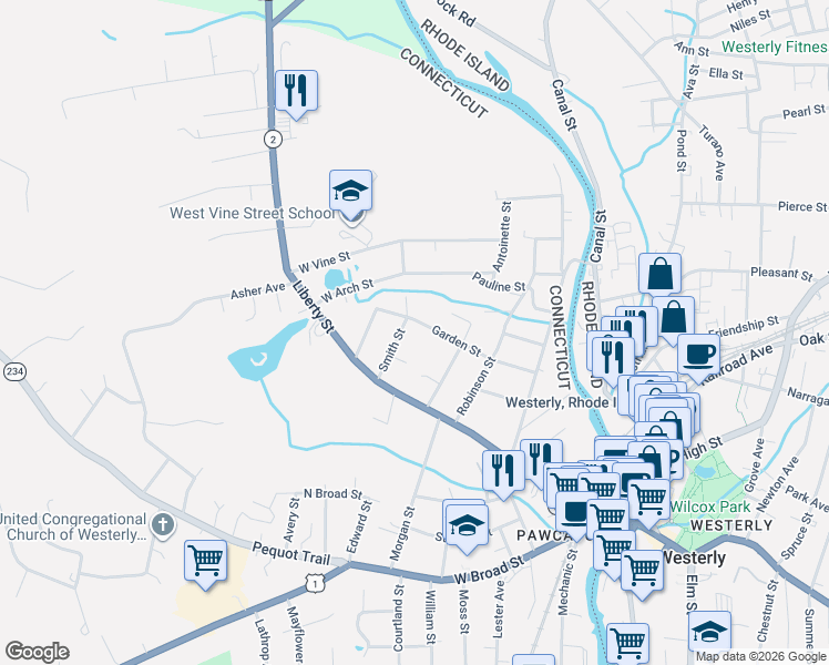 map of restaurants, bars, coffee shops, grocery stores, and more near 19 Smith Street in Stonington