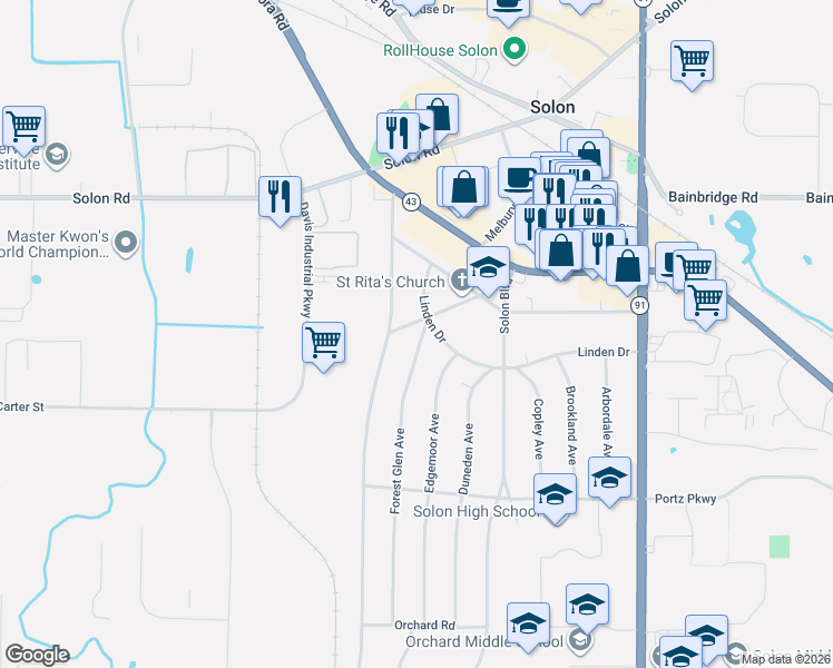 map of restaurants, bars, coffee shops, grocery stores, and more near 32741 Parkway Drive in Solon