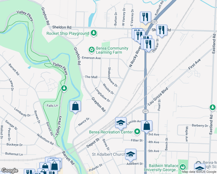 map of restaurants, bars, coffee shops, grocery stores, and more near 671 Shakespeare Drive in Berea