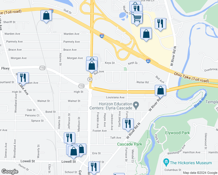 map of restaurants, bars, coffee shops, grocery stores, and more near 357 Belmont Avenue in Elyria