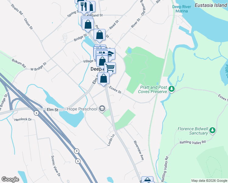 map of restaurants, bars, coffee shops, grocery stores, and more near 16 Essex Street in Deep River