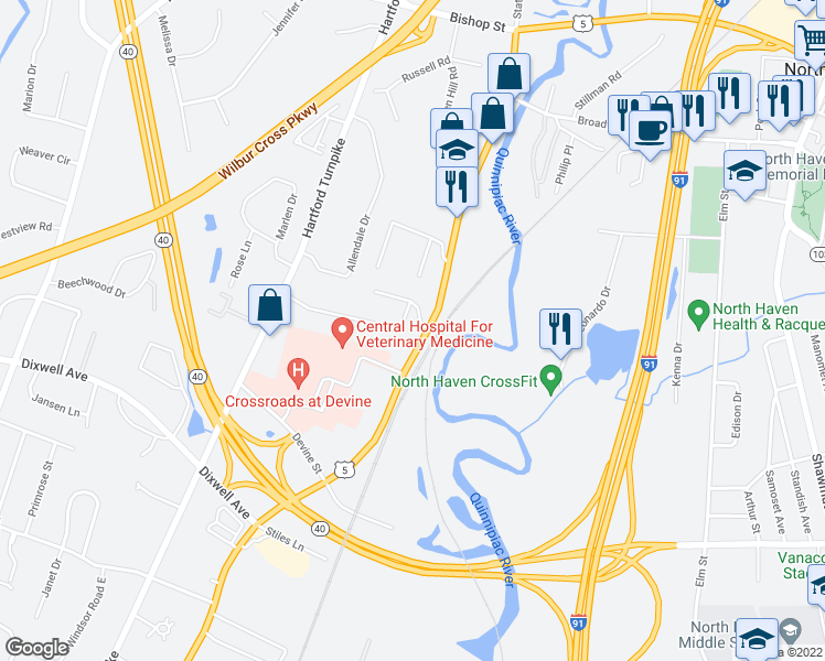 map of restaurants, bars, coffee shops, grocery stores, and more near 142 State Street in North Haven