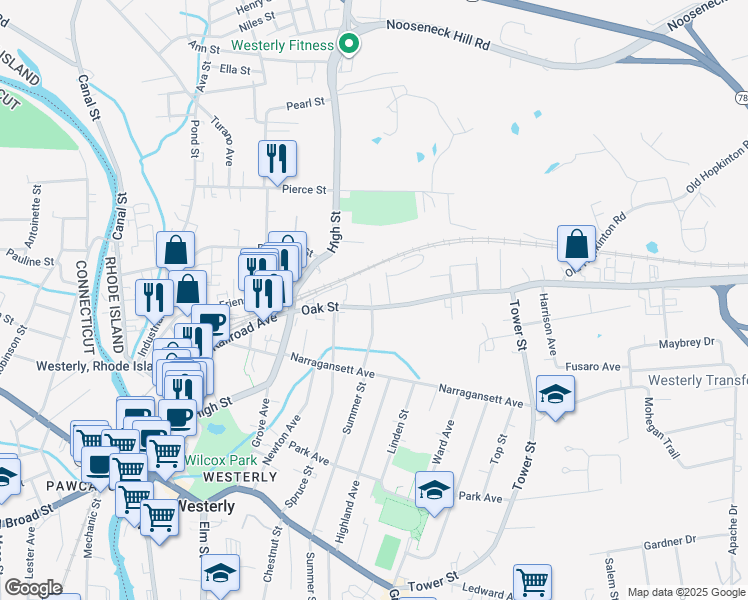 map of restaurants, bars, coffee shops, grocery stores, and more near 34 Oak Street in Westerly