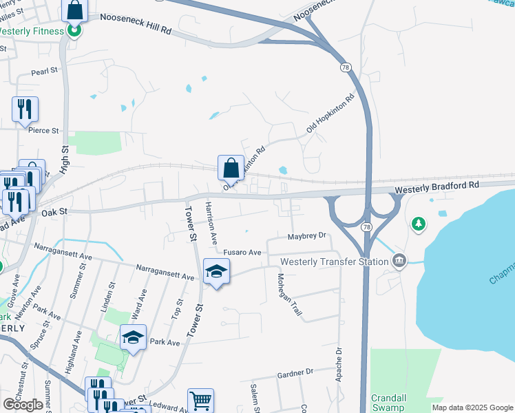 map of restaurants, bars, coffee shops, grocery stores, and more near 115 Oak Street in Westerly