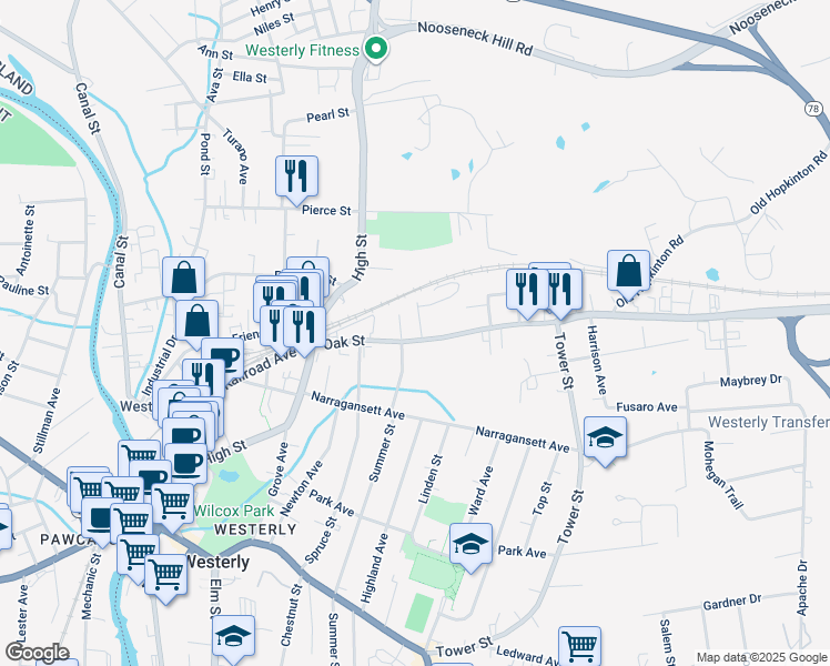map of restaurants, bars, coffee shops, grocery stores, and more near 34 Oak Street in Westerly