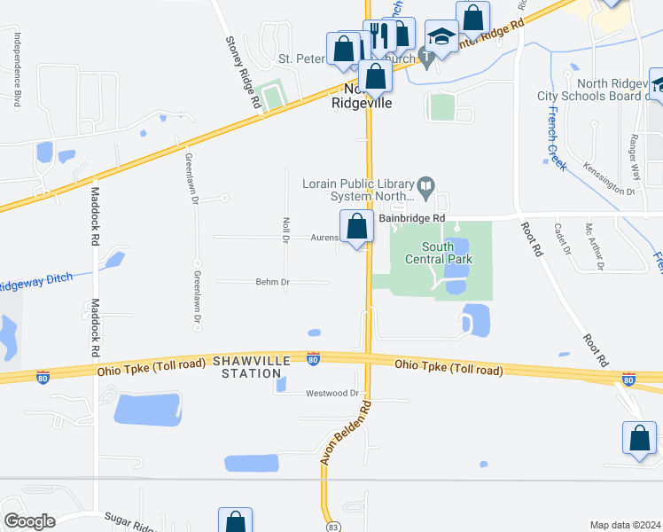map of restaurants, bars, coffee shops, grocery stores, and more near 36121 Aurensen Road in North Ridgeville