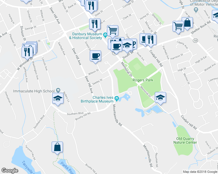 map of restaurants, bars, coffee shops, grocery stores, and more near 18 Mountainville Avenue in Danbury