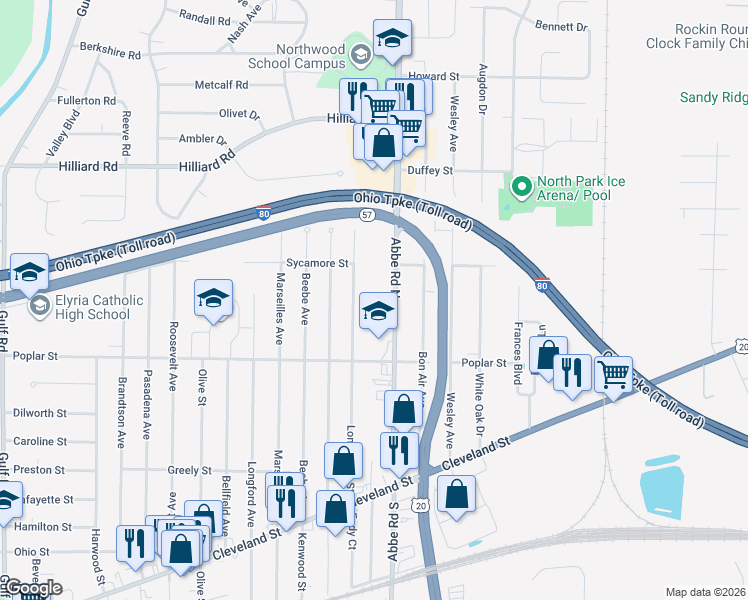map of restaurants, bars, coffee shops, grocery stores, and more near 207 North Glen in Elyria