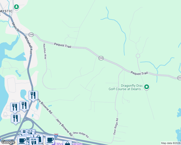 map of restaurants, bars, coffee shops, grocery stores, and more near 1279 Pequot Trail in Stonington