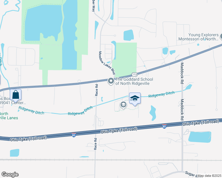map of restaurants, bars, coffee shops, grocery stores, and more near 7400 Evergreen Boulevard in North Ridgeville