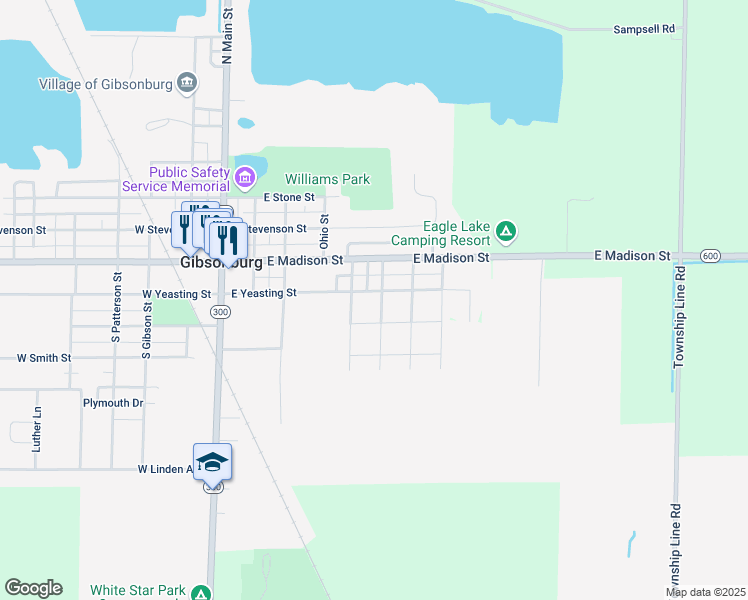 map of restaurants, bars, coffee shops, grocery stores, and more near 605 East Yeasting Street in Gibsonburg