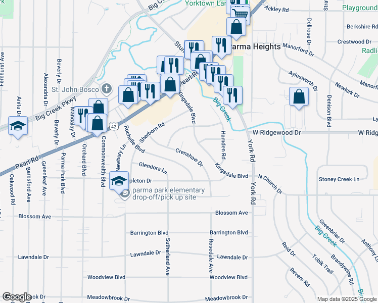 map of restaurants, bars, coffee shops, grocery stores, and more near 6671 Crenshaw Drive in Parma Heights