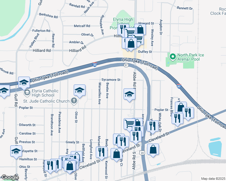 map of restaurants, bars, coffee shops, grocery stores, and more near 354 Hawthorne Street in Elyria