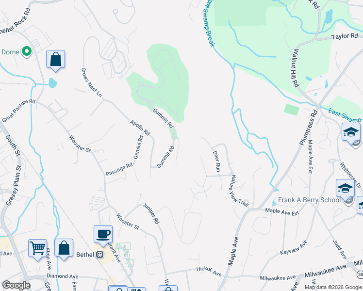map of restaurants, bars, coffee shops, grocery stores, and more near 3 Hunting Ridge Lane in Bethel