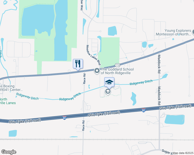 map of restaurants, bars, coffee shops, grocery stores, and more near 7400 Evergreen Boulevard in North Ridgeville