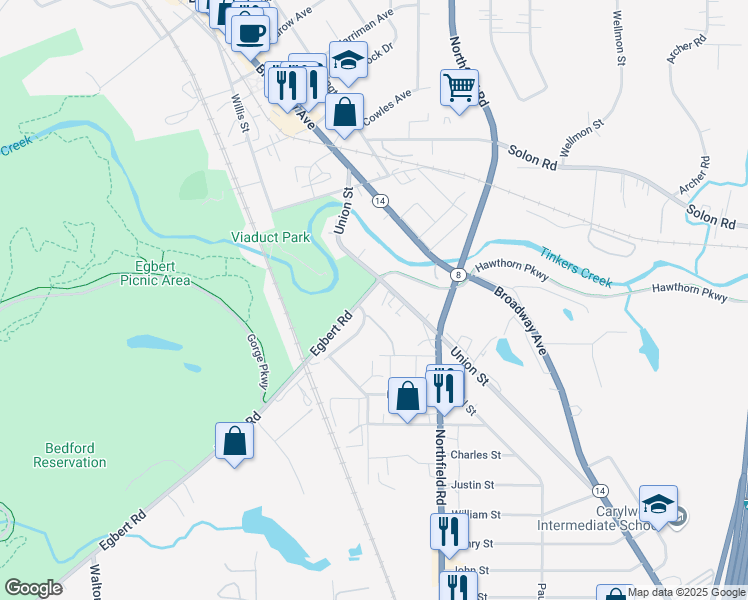 map of restaurants, bars, coffee shops, grocery stores, and more near 126 Union Street in Bedford Heights