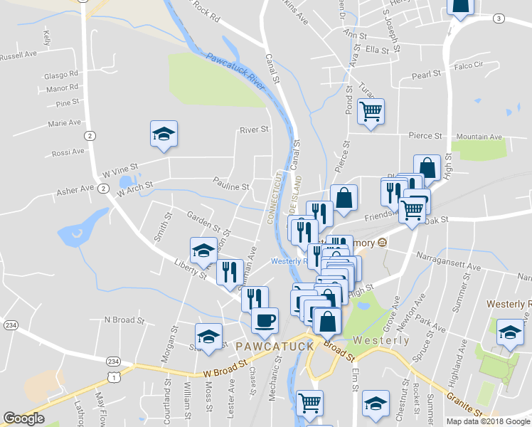 map of restaurants, bars, coffee shops, grocery stores, and more near 55 Stillman Avenue in Stonington