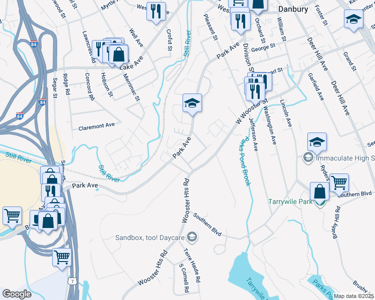 map of restaurants, bars, coffee shops, grocery stores, and more near 104 Park Avenue in Danbury