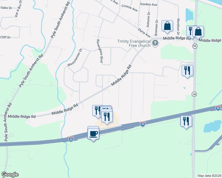 map of restaurants, bars, coffee shops, grocery stores, and more near 46787 Middle Ridge Road in Amherst