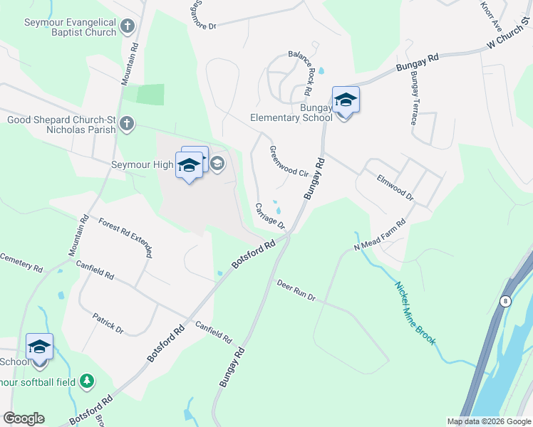 map of restaurants, bars, coffee shops, grocery stores, and more near 14 Carriage Drive in Seymour