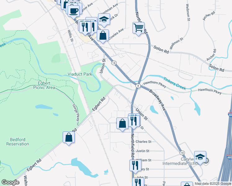 map of restaurants, bars, coffee shops, grocery stores, and more near 126 Union Street in Bedford Heights