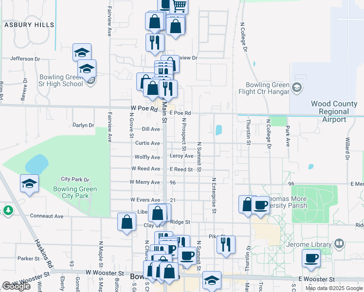 map of restaurants, bars, coffee shops, grocery stores, and more near 140 Frazee Avenue in Bowling Green