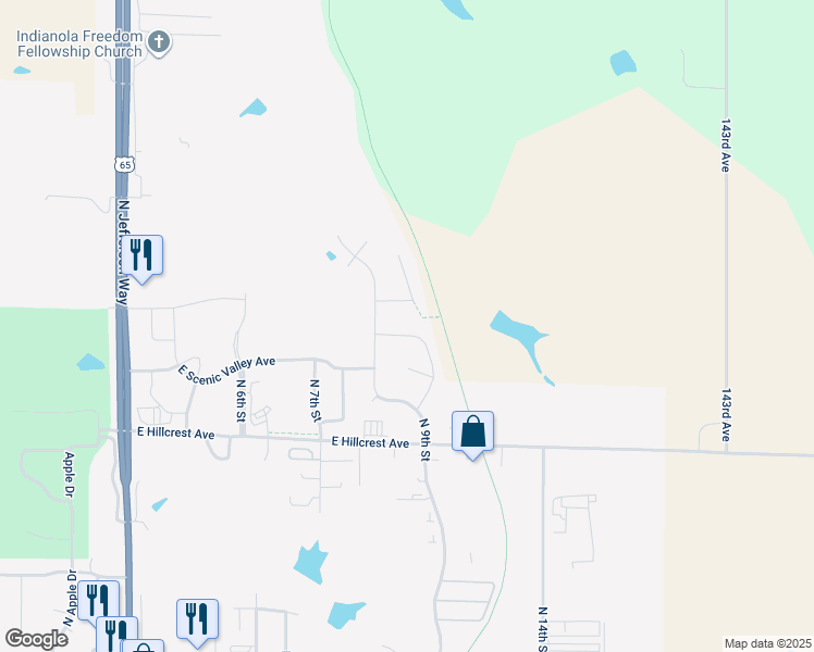 map of restaurants, bars, coffee shops, grocery stores, and more near 806 East Trail Ridge Place in Indianola