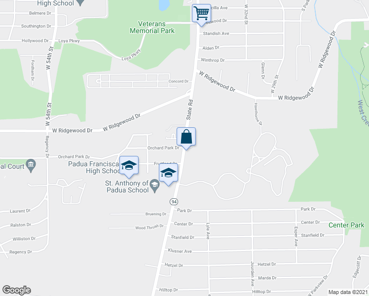 map of restaurants, bars, coffee shops, grocery stores, and more near State Rd & Orchard Park Dr in Parma