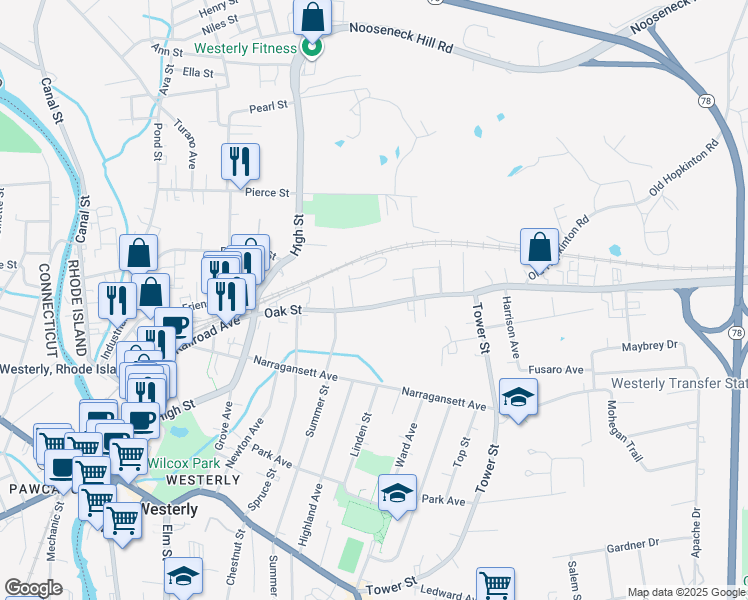 map of restaurants, bars, coffee shops, grocery stores, and more near 44 Oak St in Westerly