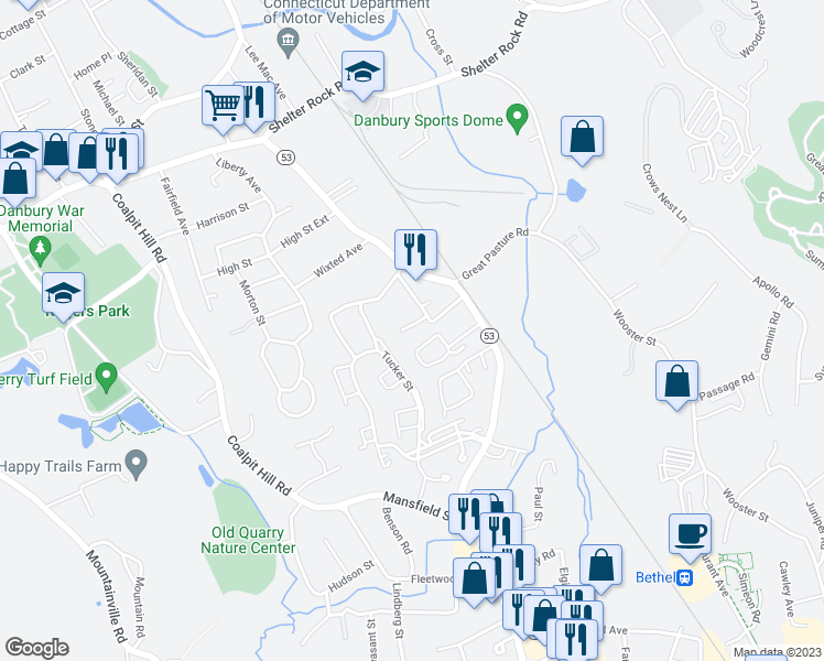 map of restaurants, bars, coffee shops, grocery stores, and more near 11 Mannions Lane in Danbury