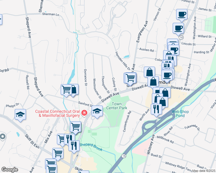 map of restaurants, bars, coffee shops, grocery stores, and more near 33 Thompson Street in Hamden