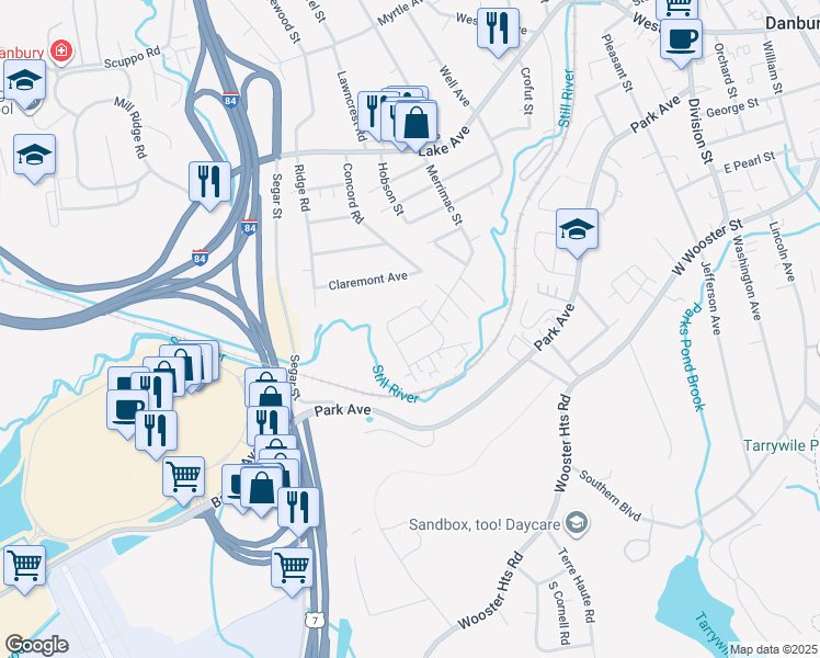 map of restaurants, bars, coffee shops, grocery stores, and more near 83 Merrimac Street in Danbury