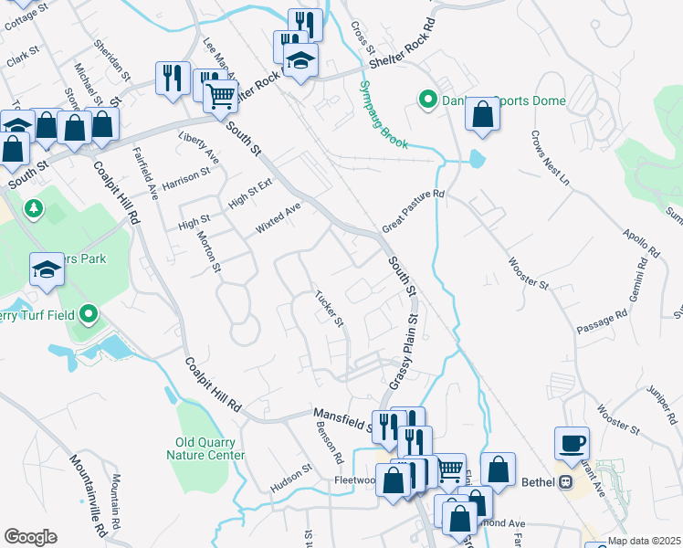 map of restaurants, bars, coffee shops, grocery stores, and more near 11 Mannions Lane in Danbury