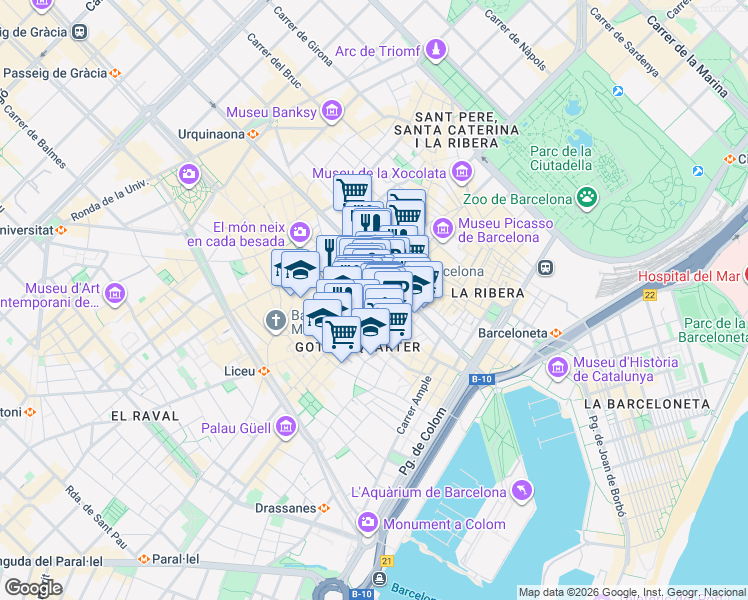 map of restaurants, bars, coffee shops, grocery stores, and more near 4 Carrer de les Trompetes de Jaume I in Barcelona