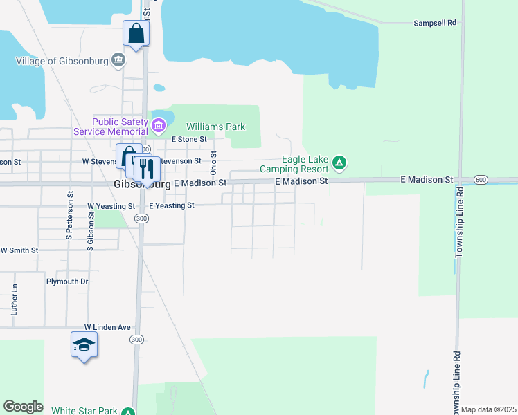 map of restaurants, bars, coffee shops, grocery stores, and more near 605 East Yeasting Street in Gibsonburg