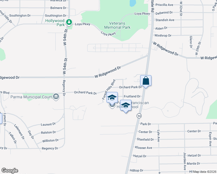 map of restaurants, bars, coffee shops, grocery stores, and more near 6656 Forest Hills Boulevard in Parma