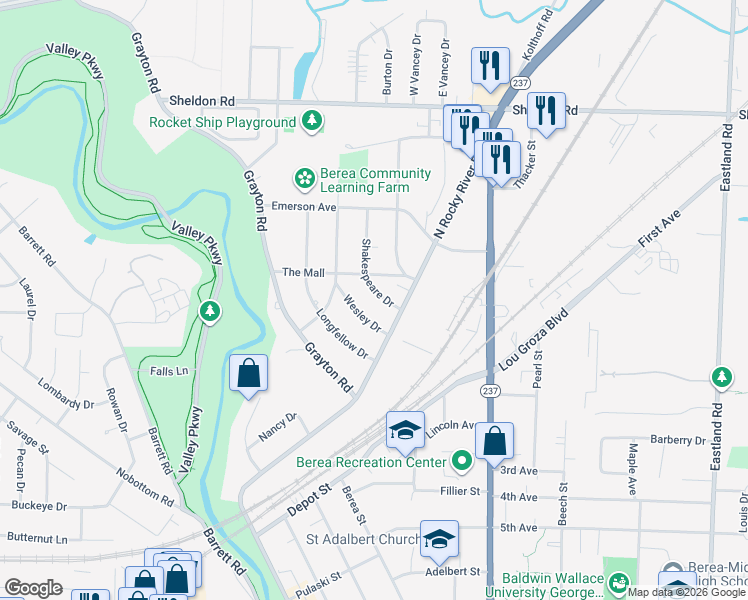 map of restaurants, bars, coffee shops, grocery stores, and more near 671 Shakespeare Dr in Berea