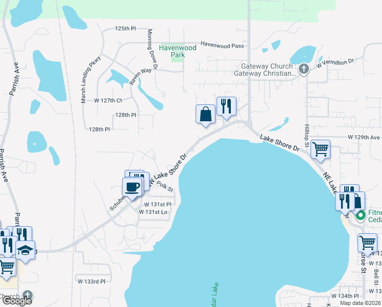 map of restaurants, bars, coffee shops, grocery stores, and more near 8298-8302 W Lake Shore Dr in Cedar Lake
