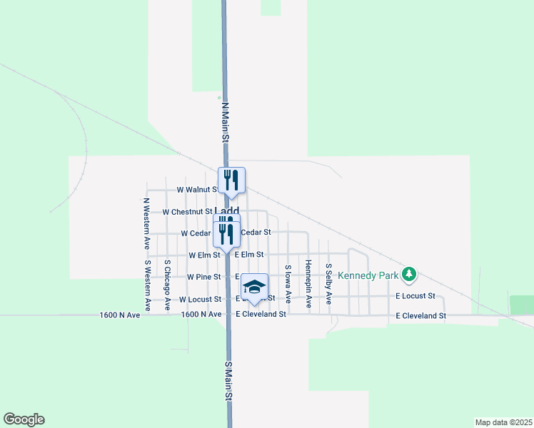 map of restaurants, bars, coffee shops, grocery stores, and more near 234 N Peru Ave in Ladd