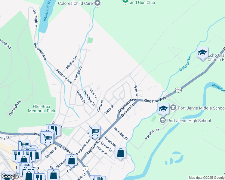 map of restaurants, bars, coffee shops, grocery stores, and more near 21 Cahoonzie Street in Port Jervis