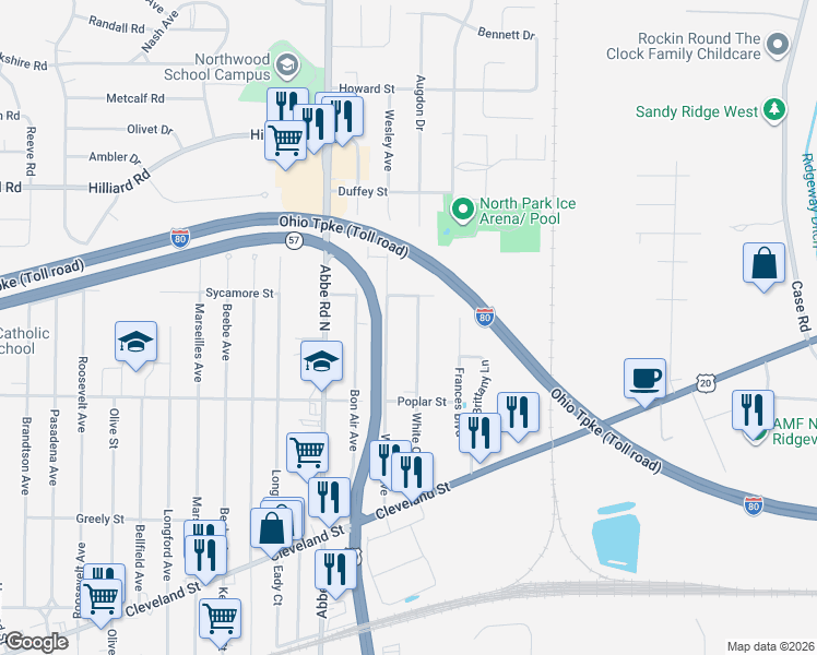 map of restaurants, bars, coffee shops, grocery stores, and more near 360 White Oak Dr in Elyria