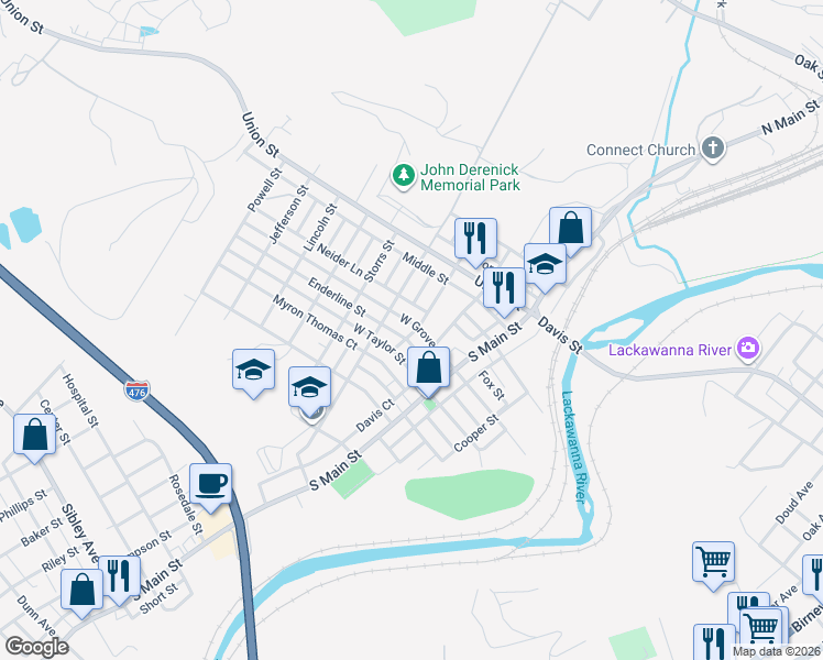 map of restaurants, bars, coffee shops, grocery stores, and more near 303 West Grove Street in Taylor